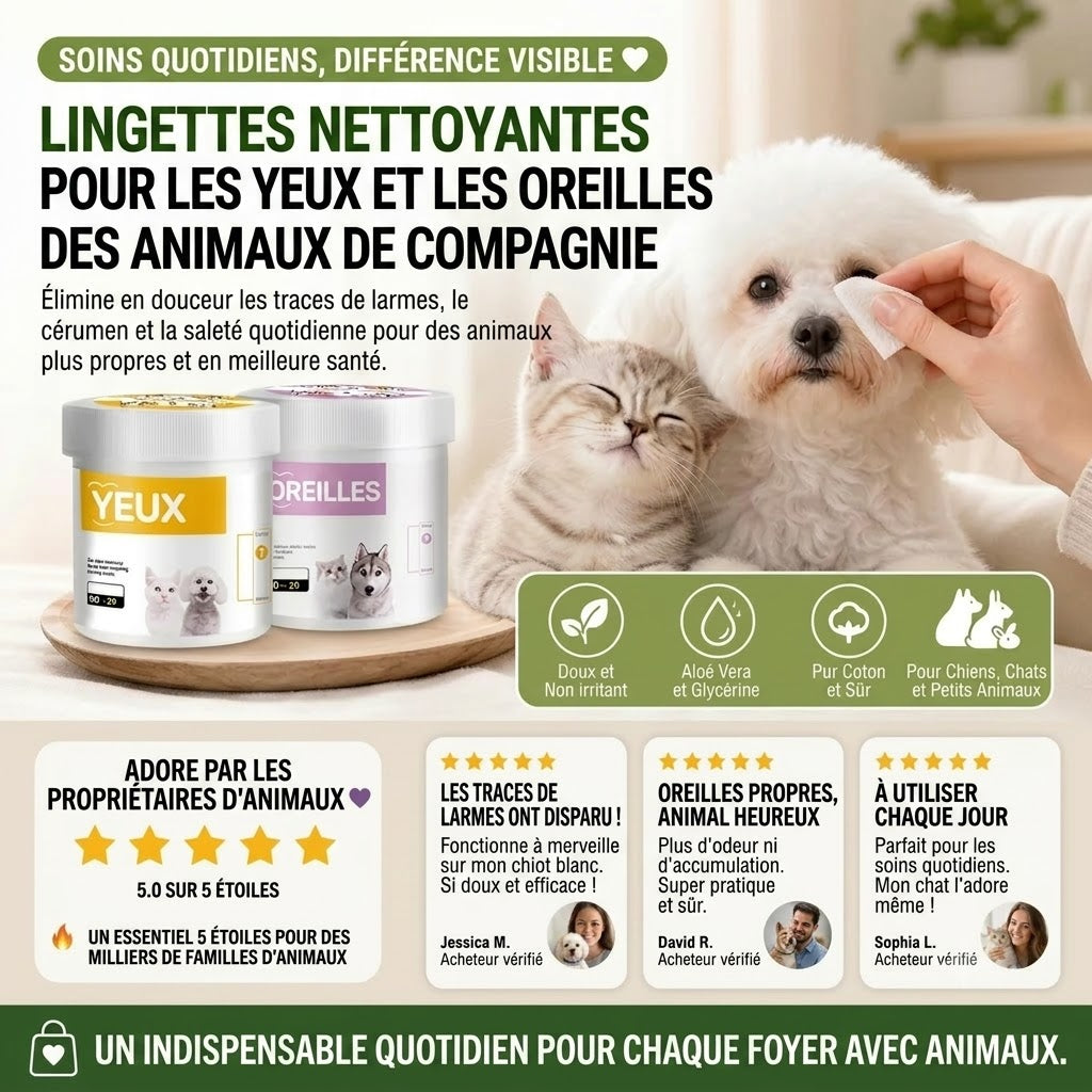 Lingettes sans alcool pour les yeux et les oreilles des animaux