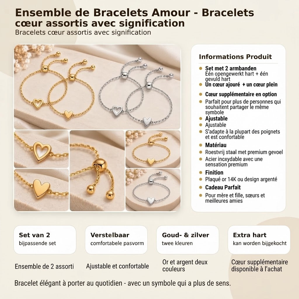 Bracelets cœur assortis avec placage or 14 carats