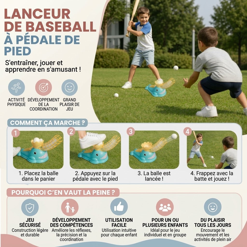 Lanceur de baseball à pédale pour enfants avec batte et balles
