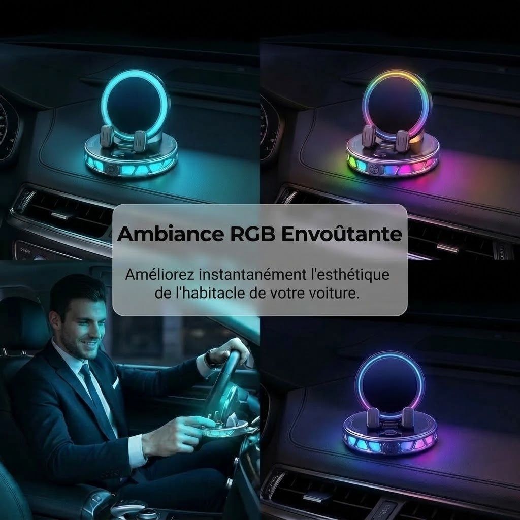 Support de téléphone pour voiture avec recharge sans fil rotation à 360° et éclairage RGB
