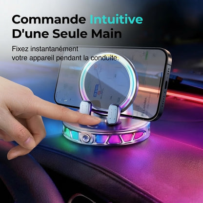 Support de téléphone pour voiture avec recharge sans fil rotation à 360° et éclairage RGB