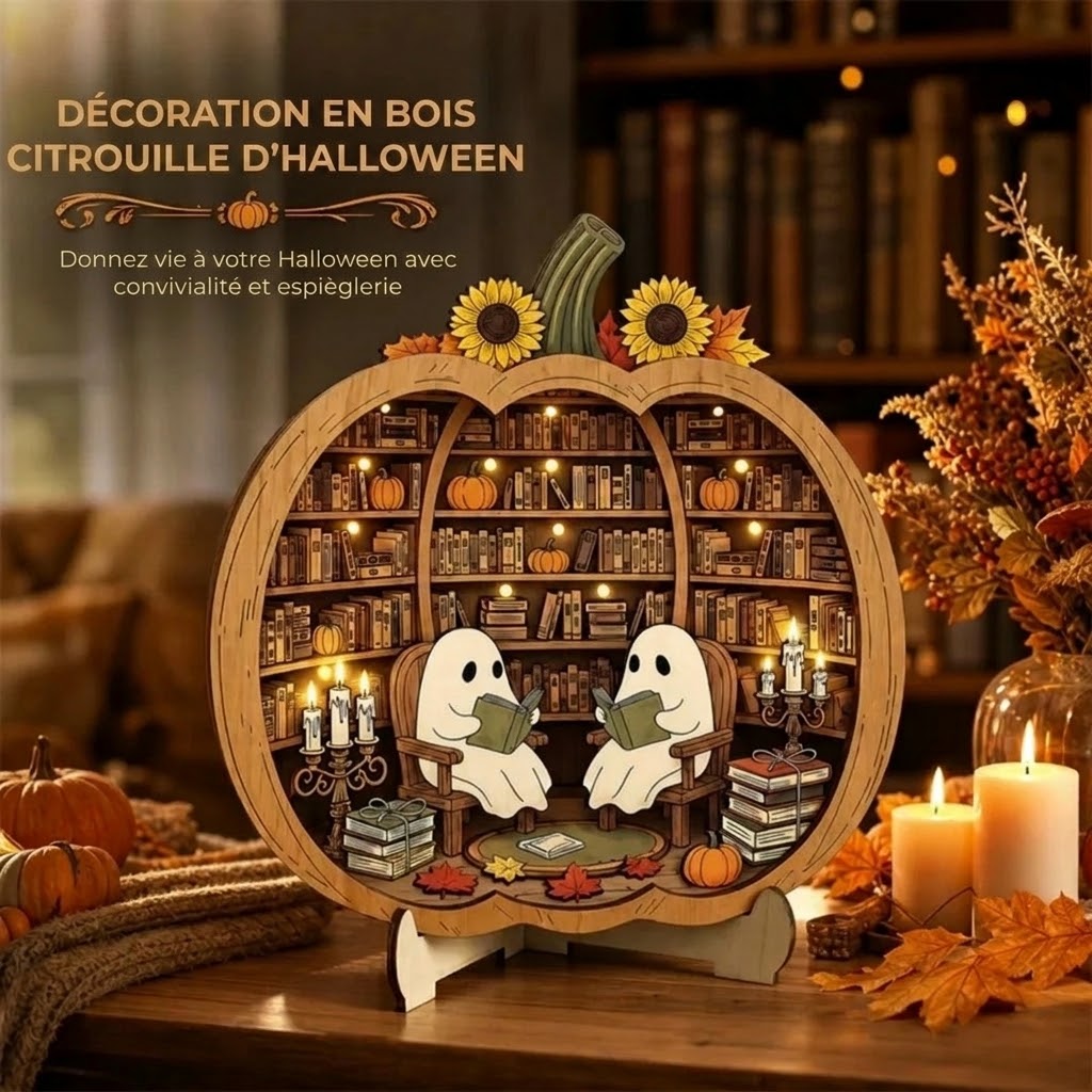 Décoration citrouille d’Halloween en bois avec éclairage LED