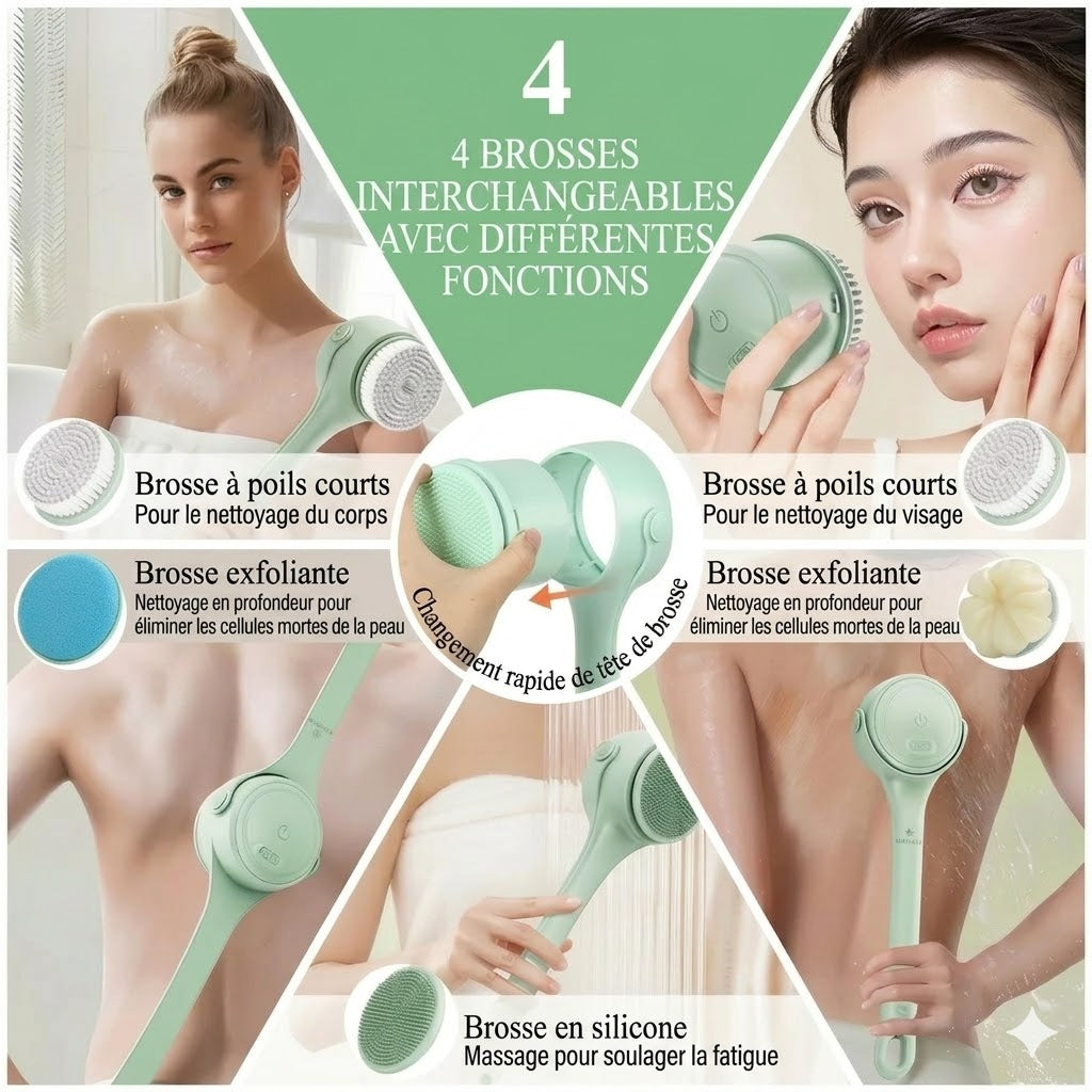 Brosse de bain électrique exfoliante à long manche avec moteur puissant pour un nettoyage en profondeur