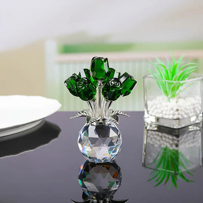 Figurine de collection rose colorée en cristal avec vase