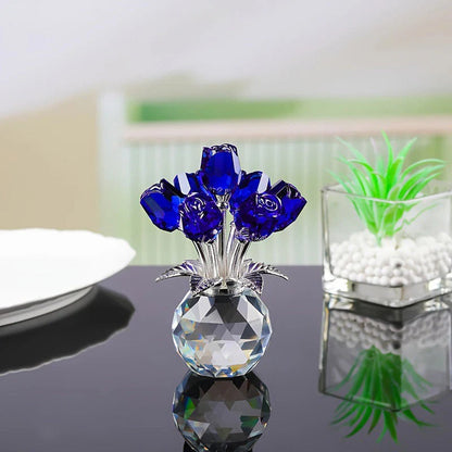 Figurine de collection rose colorée en cristal avec vase