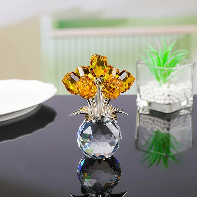 Figurine de collection rose colorée en cristal avec vase