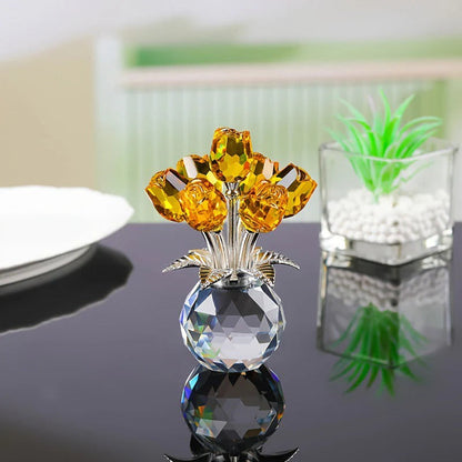 Figurine de collection rose colorée en cristal avec vase