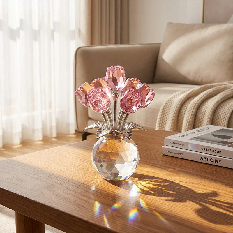 Figurine de collection rose colorée en cristal avec vase
