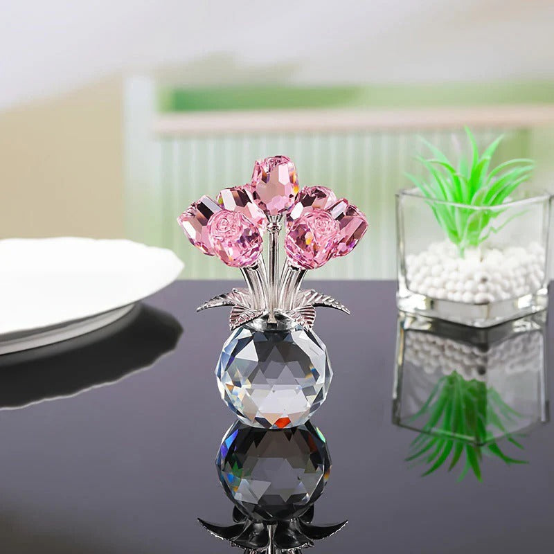 Figurine de collection rose colorée en cristal avec vase