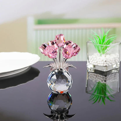 Figurine de collection rose colorée en cristal avec vase