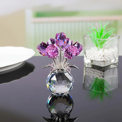 Figurine de collection rose colorée en cristal avec vase