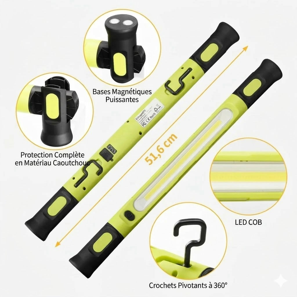 Barre d'éclairage de travail rechargeable – 3000 LM, étanche IPX4 & crochet 360° !