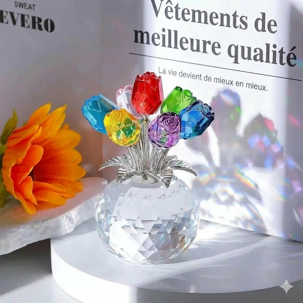 Figurine de collection rose colorée en cristal avec vase