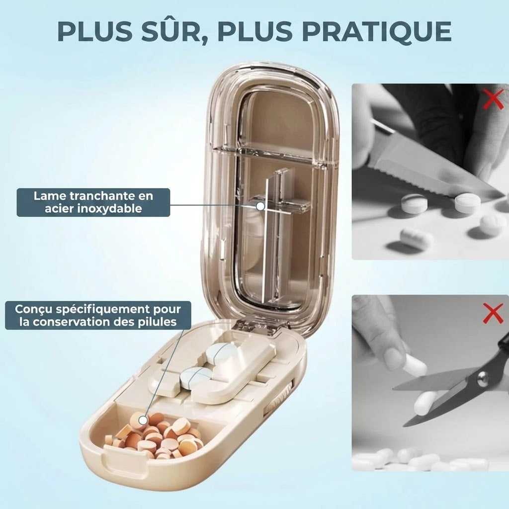 Coupe-comprimé réglable avec compartiment de rangement