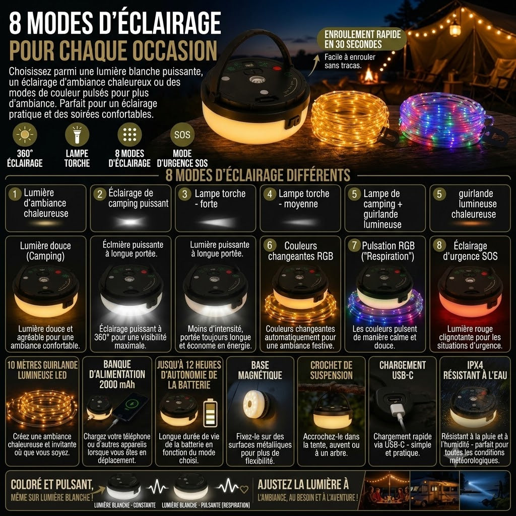 CampGlow lampe de camping rechargeable 4 en 1 avec guirlande lumineuse et batterie externe