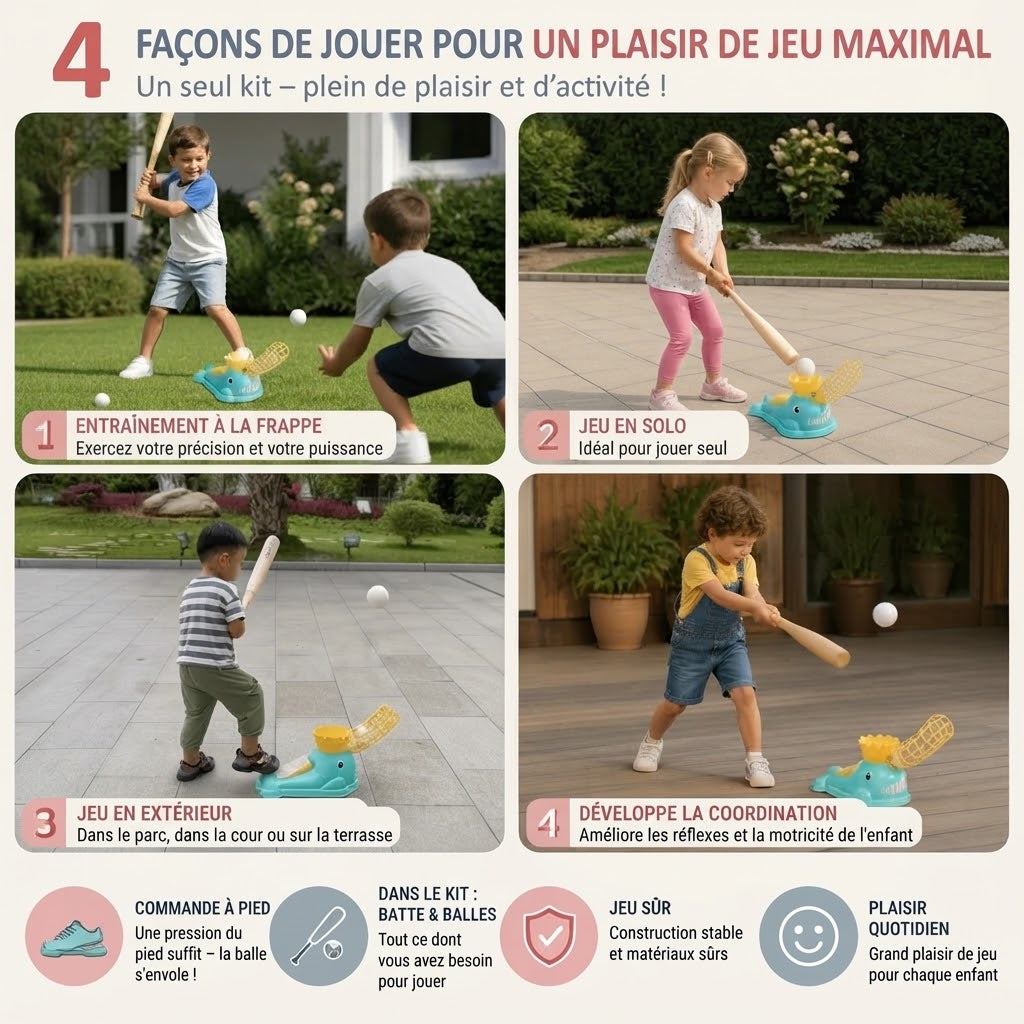 Lanceur de baseball à pédale pour enfants avec batte et balles