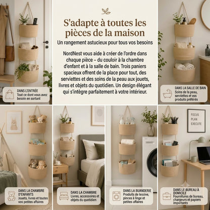 NordNest panier de rangement suspendu en coton à trois compartiments
