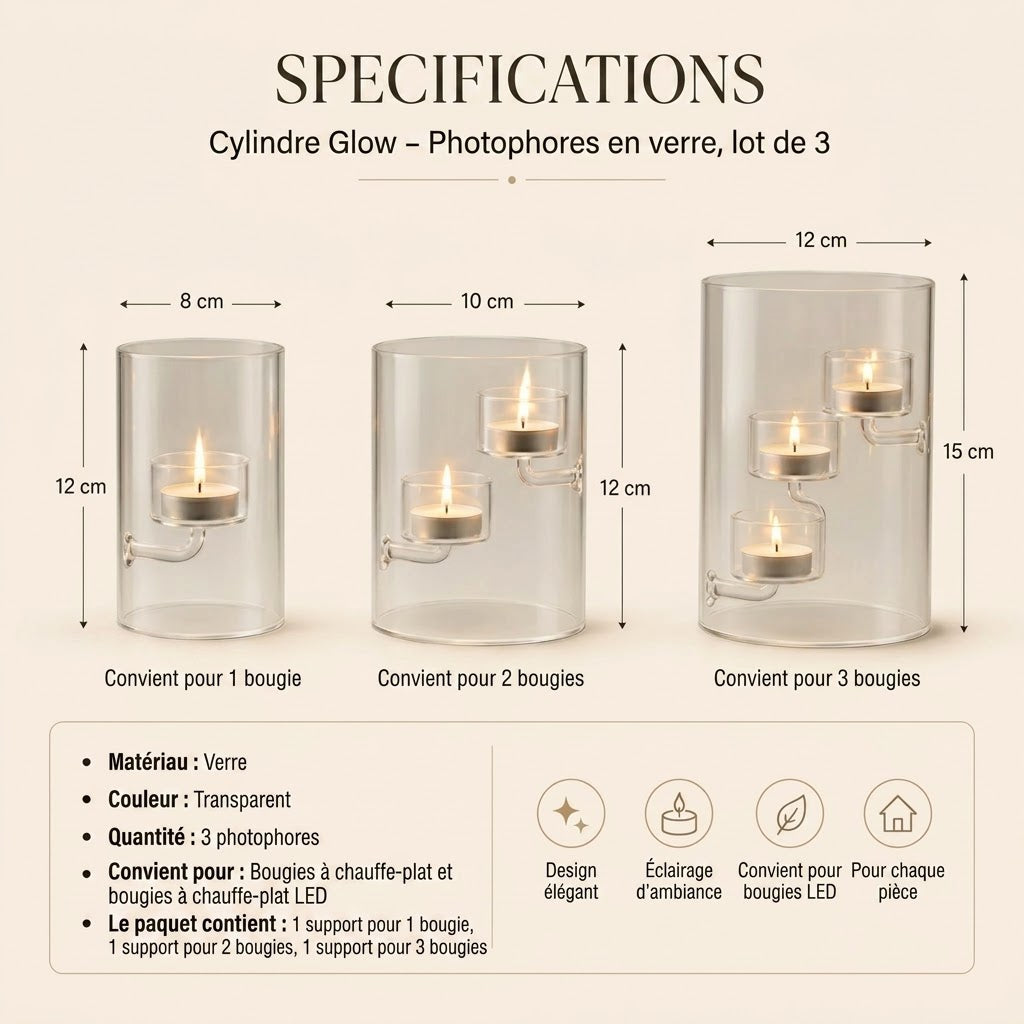 Photophores cylindriques en verre lot de 3