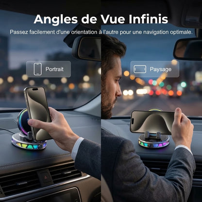Support de téléphone pour voiture avec recharge sans fil rotation à 360° et éclairage RGB