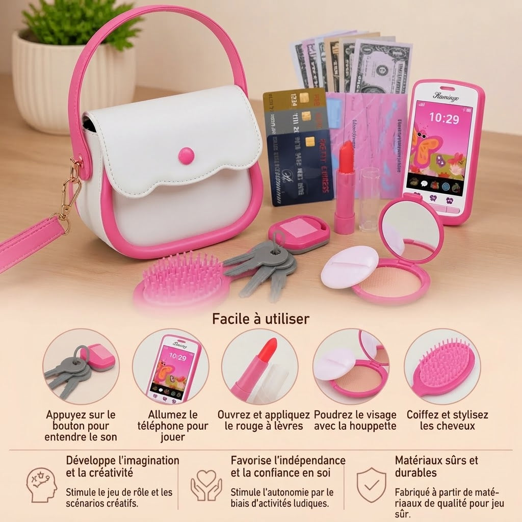 Sac à main jouet pour enfants avec téléphone et accessoires de maquillage