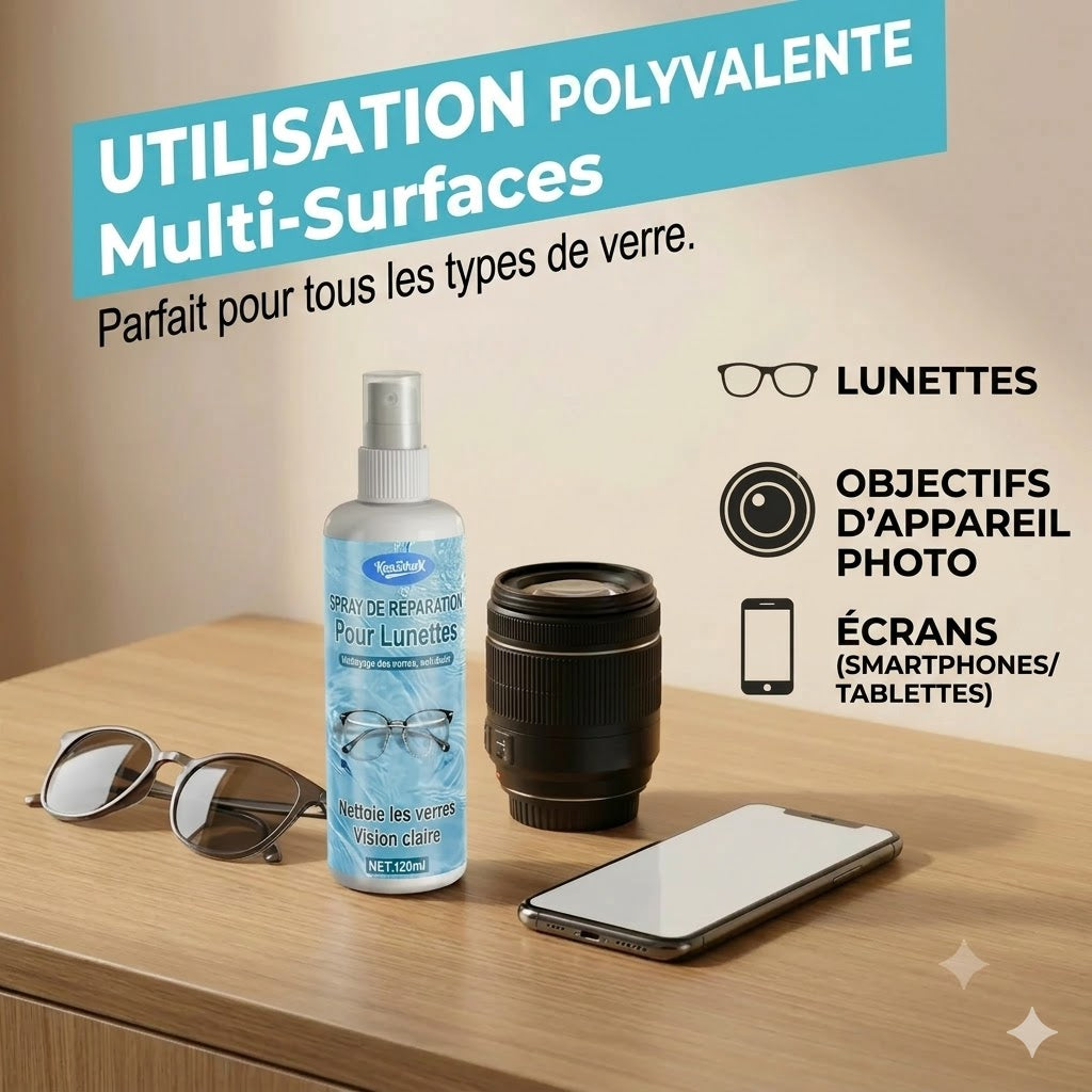 Spray professionnel de réparation de rayures pour lentilles – Restaure la clarté d'origine