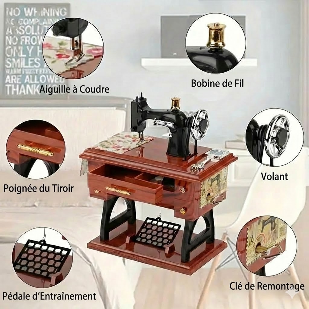 Boîte à musique mini machine à coudre en bois