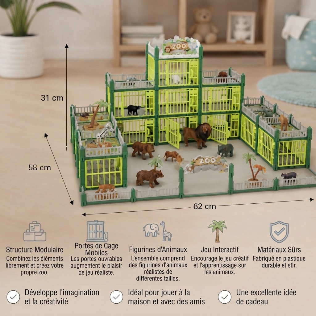 Kit de construction de zoo modulaire avec figurines d’animaux et enclos interactifs