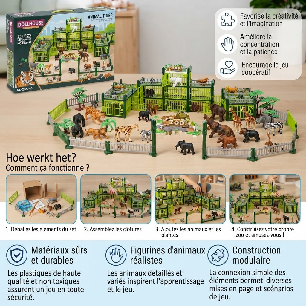 Kit de construction de zoo modulaire avec figurines d’animaux et enclos interactifs