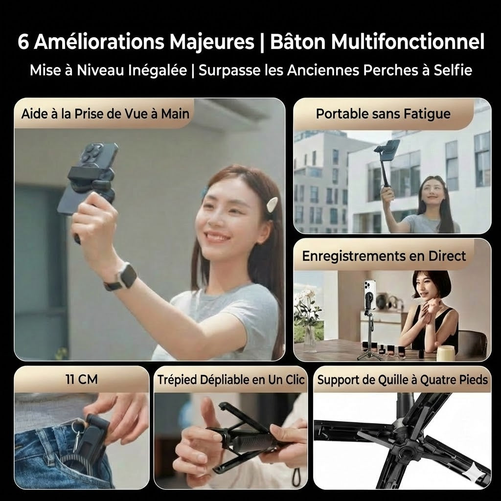Perche à selfie magnétique 4-en-1 avec rotation à 360°