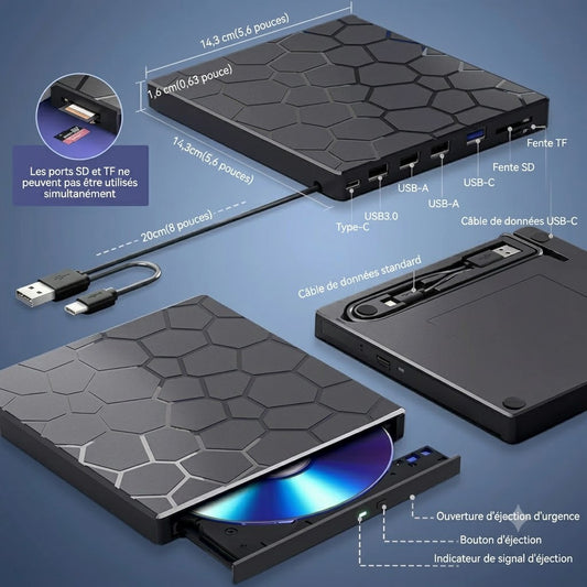 Lecteur CD/DVD externe 8-en-1 et Hub USB – Plug & Play