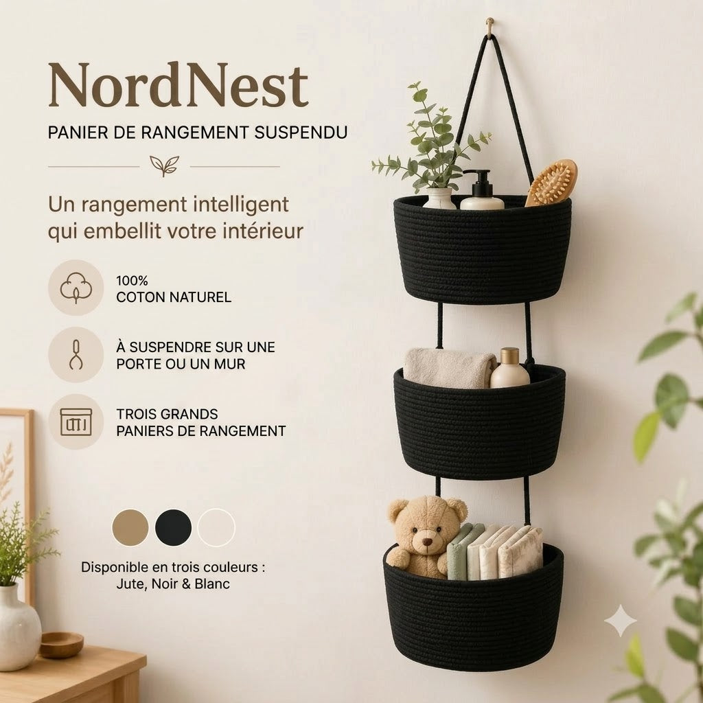 NordNest panier de rangement suspendu en coton à trois compartiments