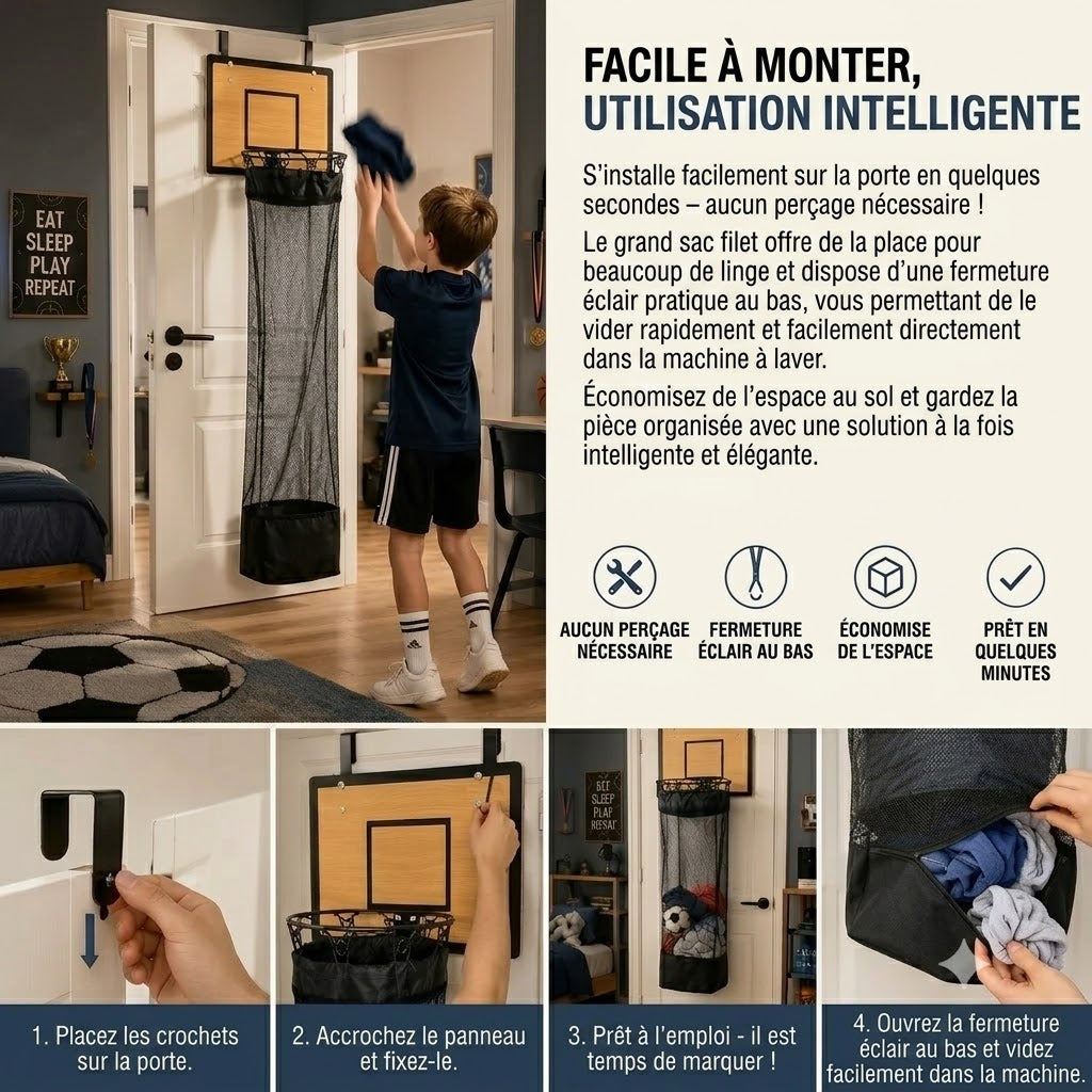 Panier à linge avec panier de basket à suspendre à la porte