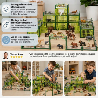 Kit de construction de zoo modulaire avec figurines d’animaux et enclos interactifs