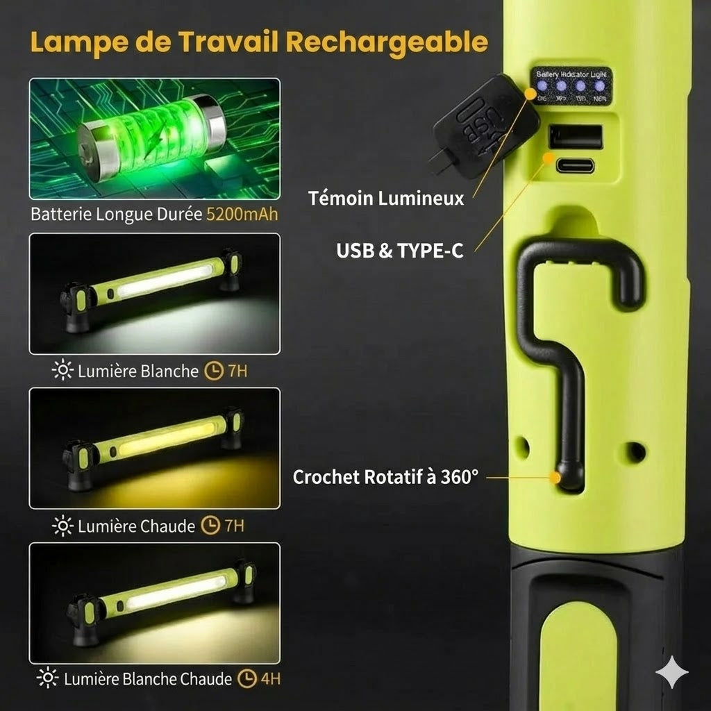 Barre d'éclairage de travail rechargeable – 3000 LM, étanche IPX4 & crochet 360° !
