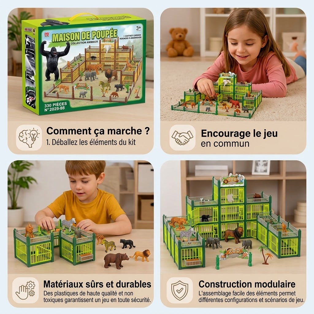 Kit de construction de zoo modulaire avec figurines d’animaux et enclos interactifs