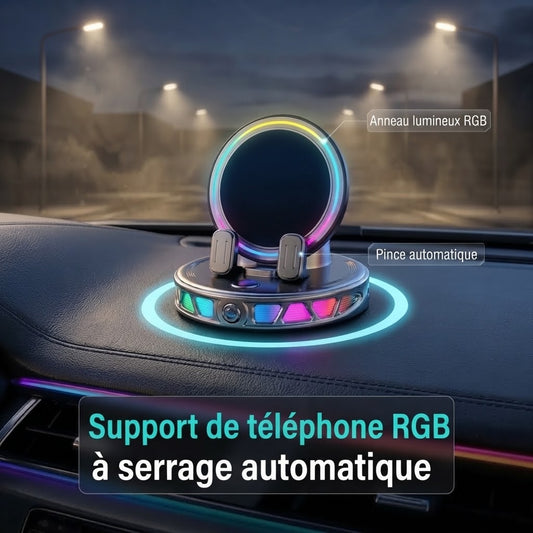 Support de téléphone pour voiture avec recharge sans fil rotation à 360° et éclairage RGB