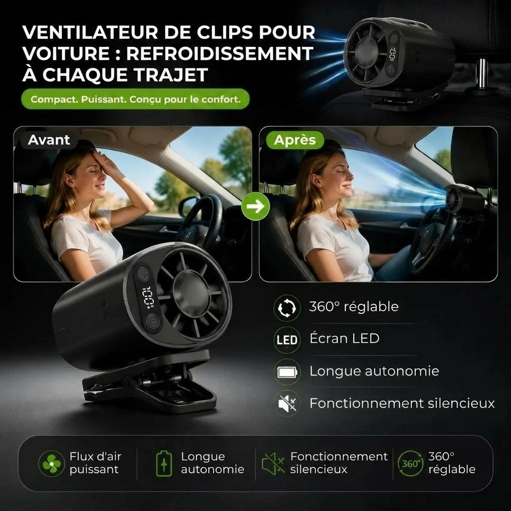 Ventilateur rechargeable pour voiture avec pince
