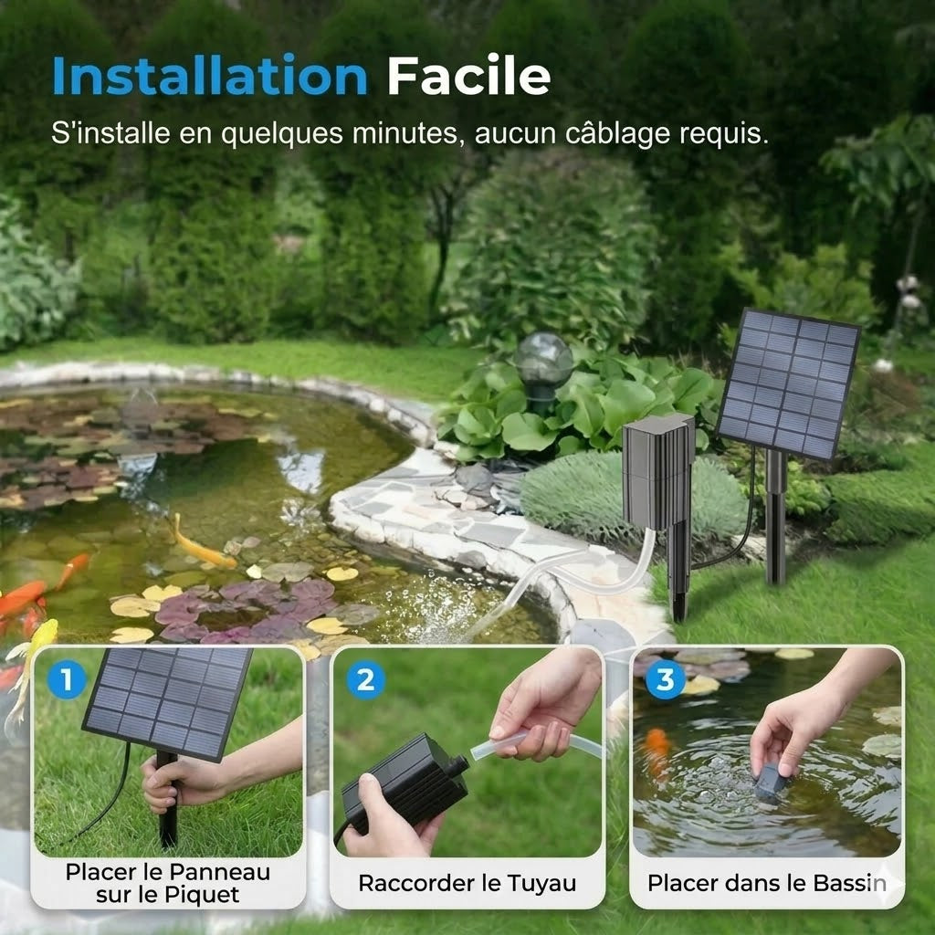 Aérateur de bassin solaire – Apporte de l'oxygène en continu pour les poissons et les plantes