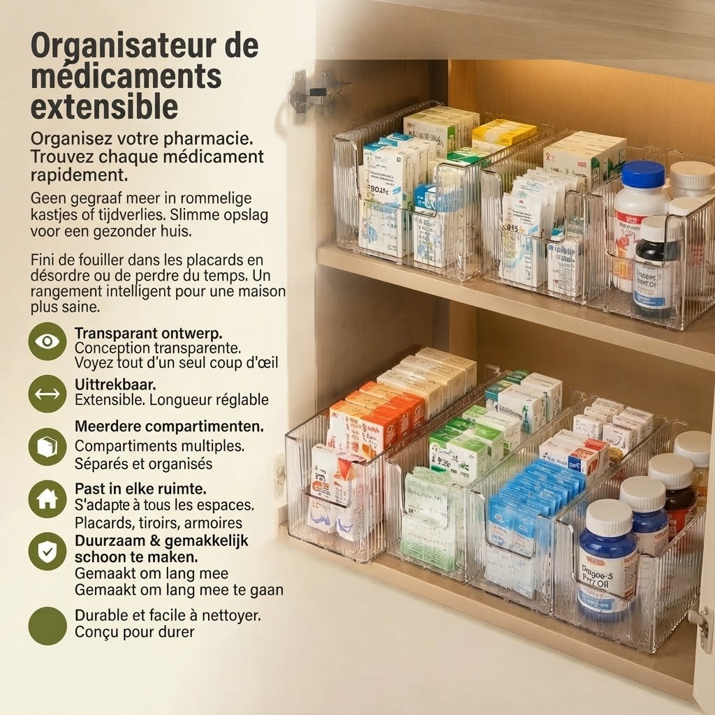 Organisateur de médicaments transparent extensible