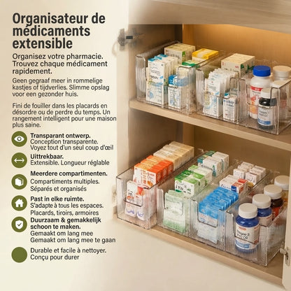 Organisateur de médicaments transparent extensible