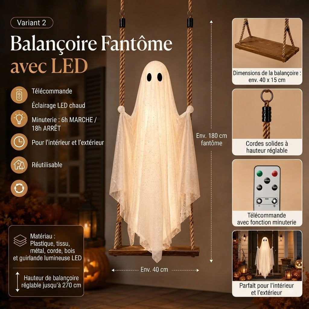 Balançoire fantôme suspendue avec éclairage LED pour Halloween