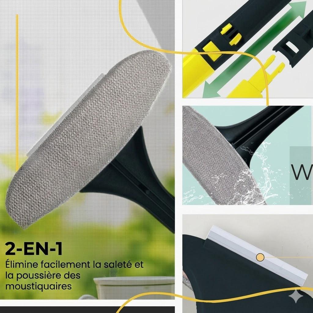 Brosse multifonction 2-en-1 pour vitres et moustiquaires
