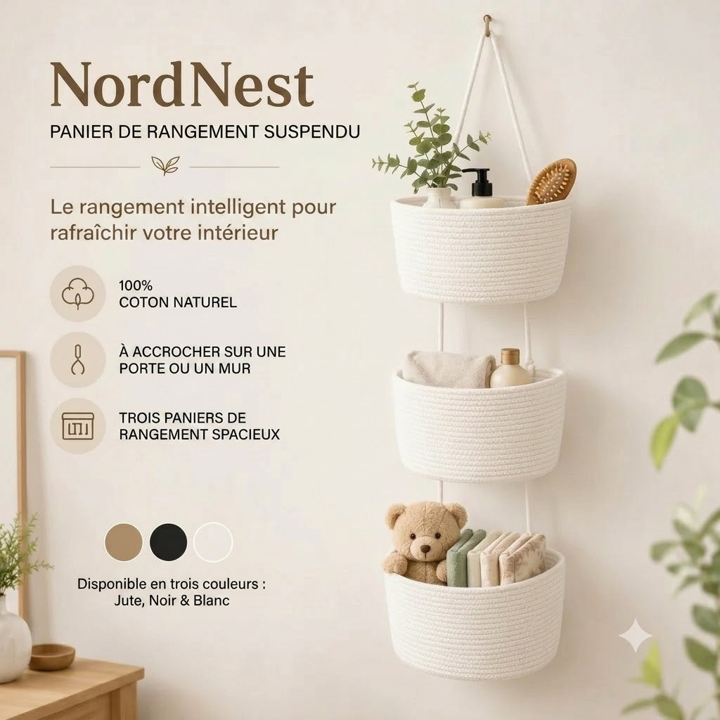 NordNest panier de rangement suspendu en coton à trois compartiments
