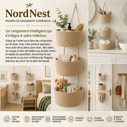 NordNest panier de rangement suspendu en coton à trois compartiments