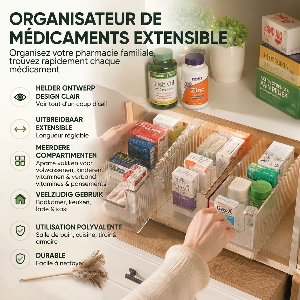Organisateur de médicaments transparent extensible