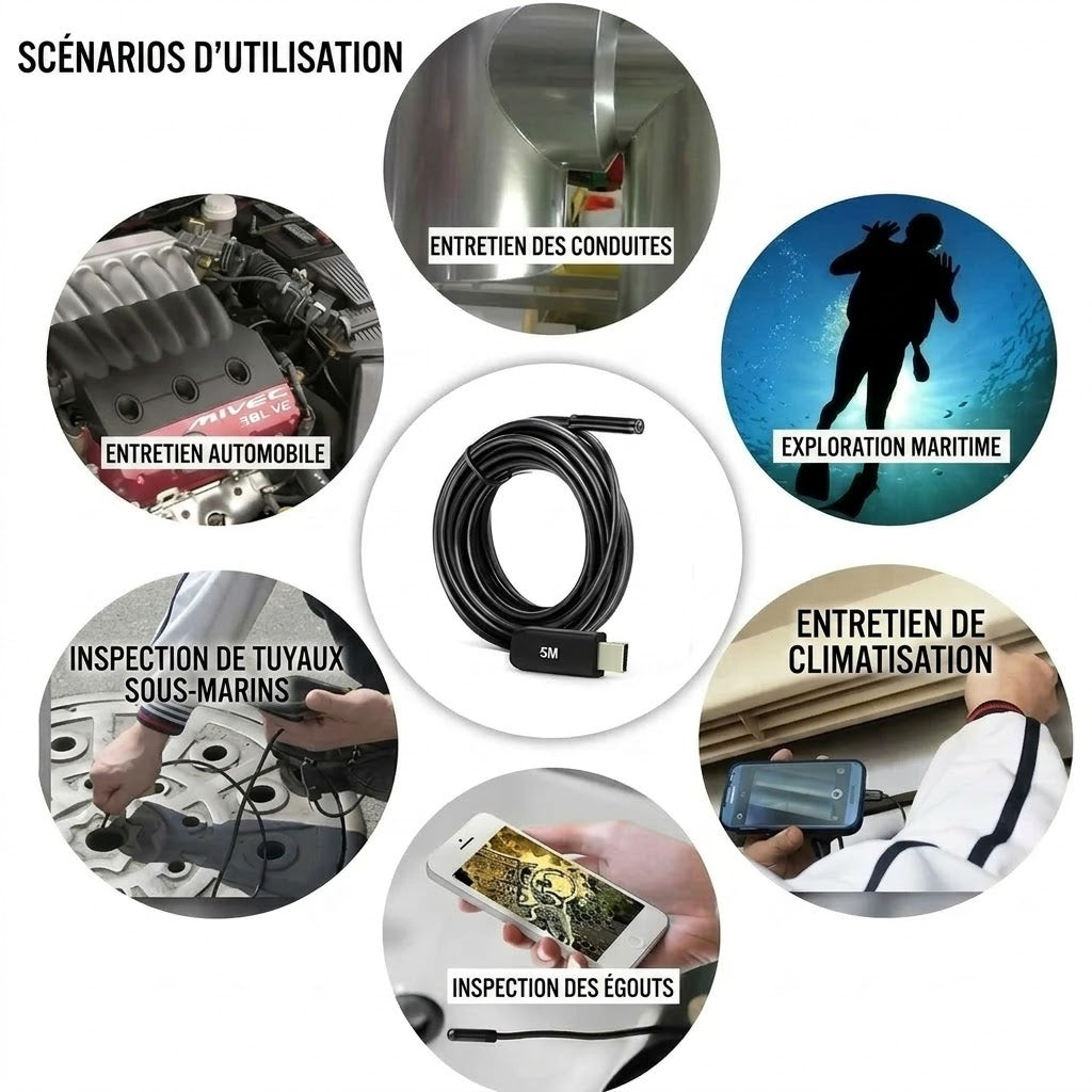 Caméra endoscope universelle 3-en-1 avec sonde étanche IP67