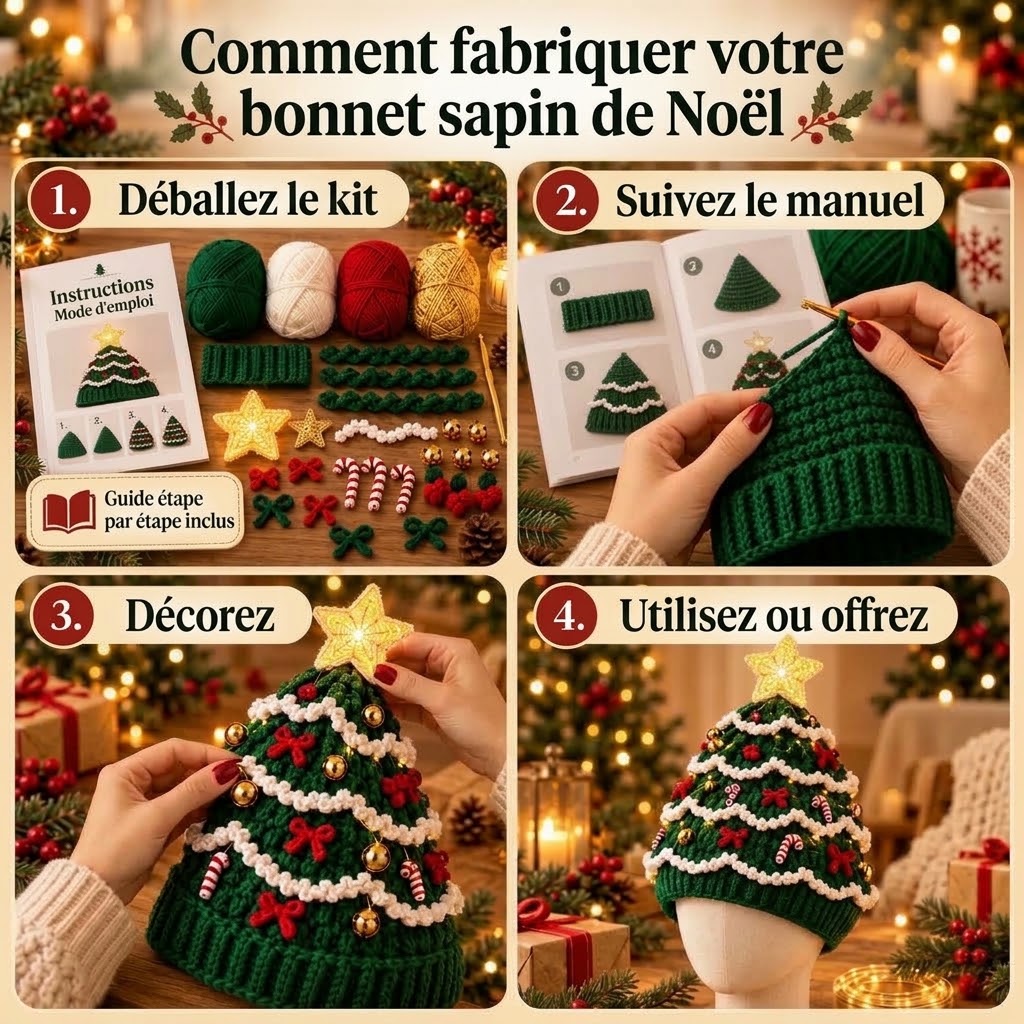 Kit de crochet DIY pour bonnet de sapin de Noël