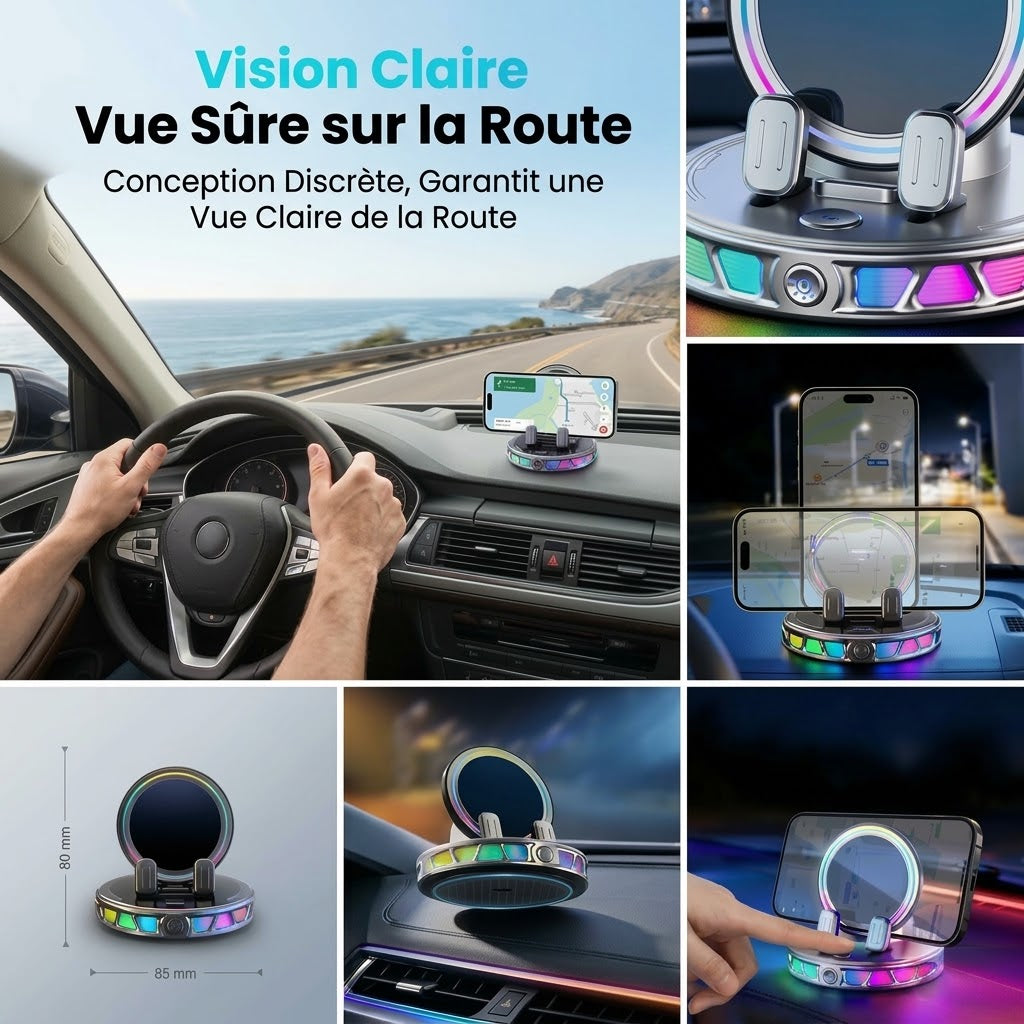 Support de téléphone pour voiture avec recharge sans fil rotation à 360° et éclairage RGB