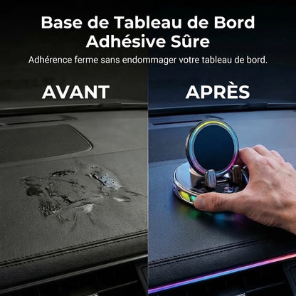 Support de téléphone pour voiture avec recharge sans fil rotation à 360° et éclairage RGB