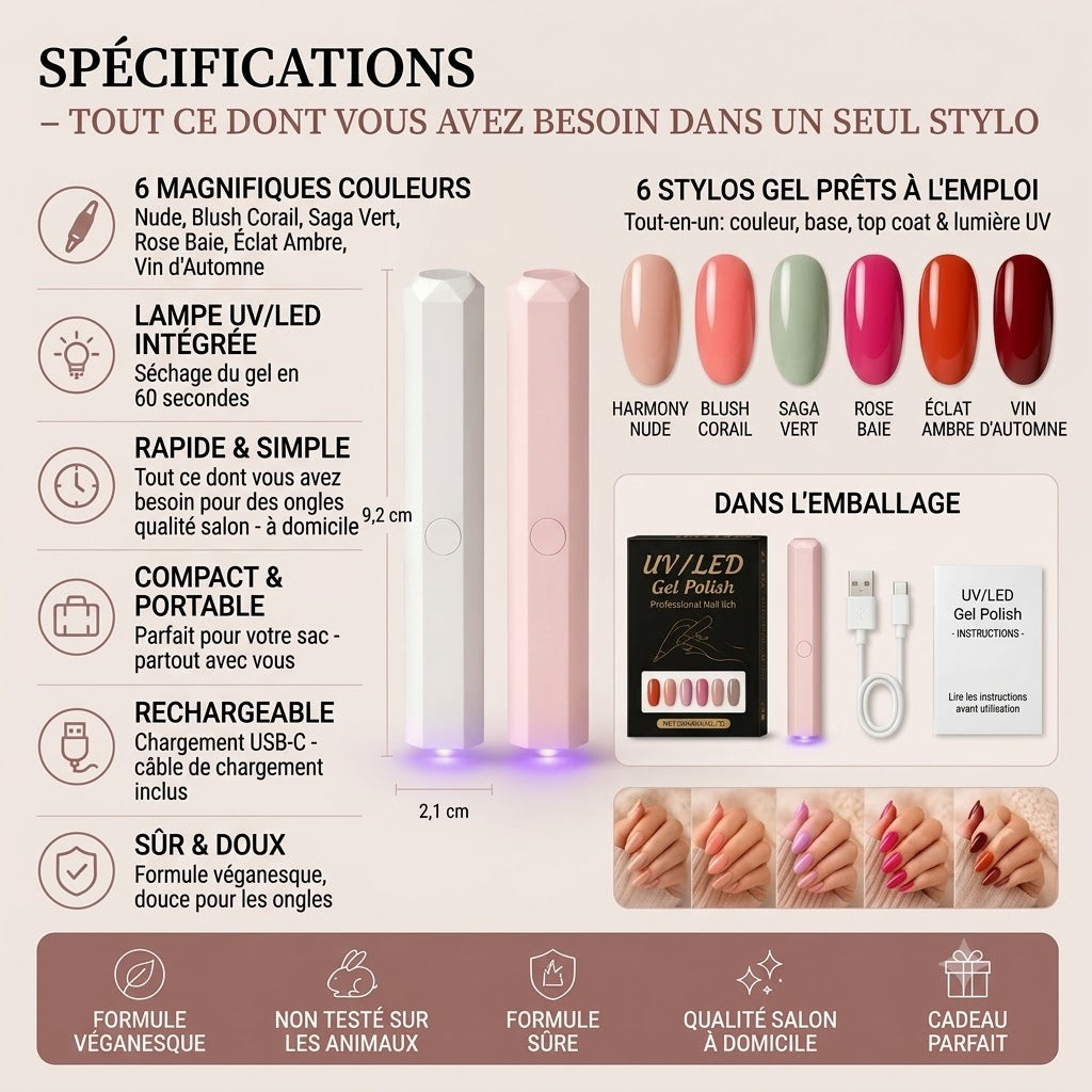 SalonPen coffret de stylos gel 3-en-1 avec lampe LED UV, 6 pièces